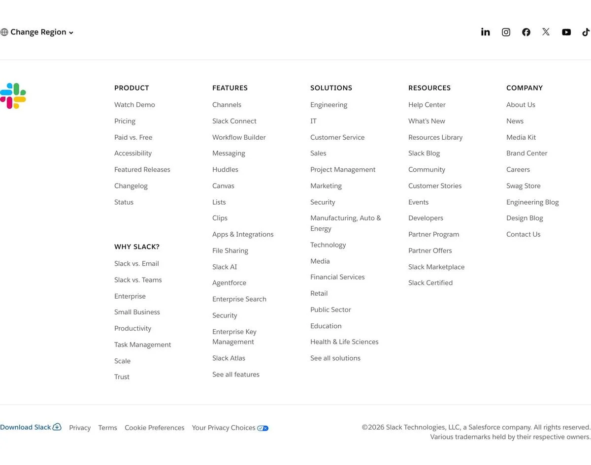 Slack website footer