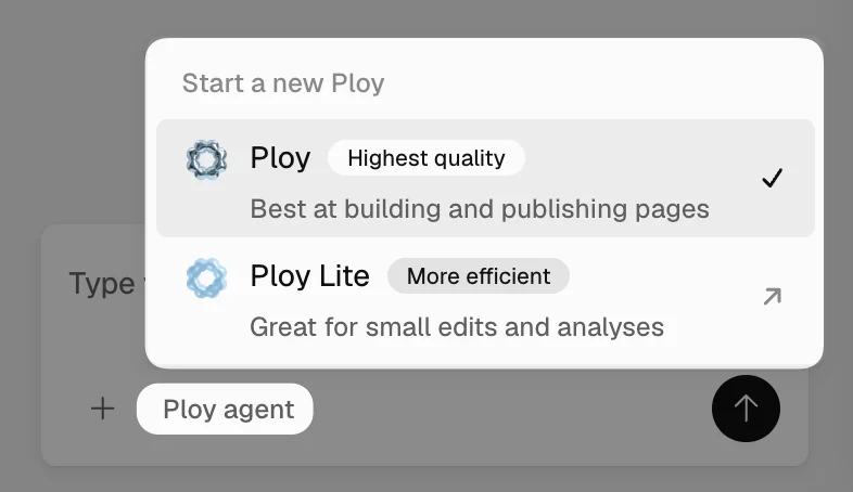 Agent selector showing Ploy and Ploy Lite options when starting a new Ploy
