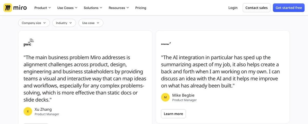 Miro filterable quote grid