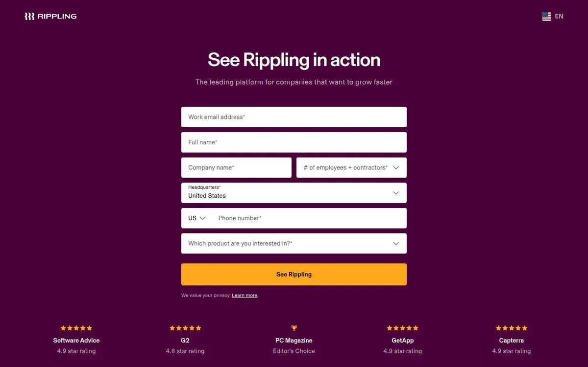 Rippling demo request landing page