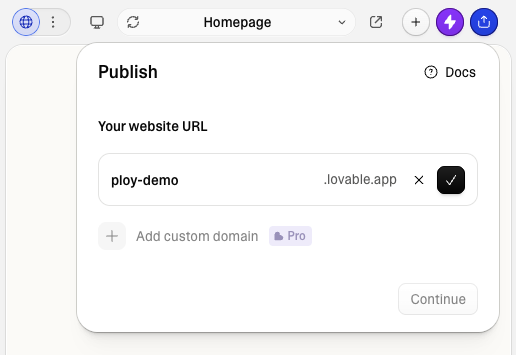Lovable Publish panel showing the project's website URL field, a free *.lovable.app subdomain, which works as a stable Ploy fallback origin URL