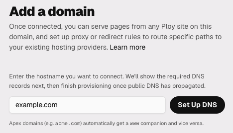 Add a domain dialog showing the hostname input field with example.com and Set Up DNS button