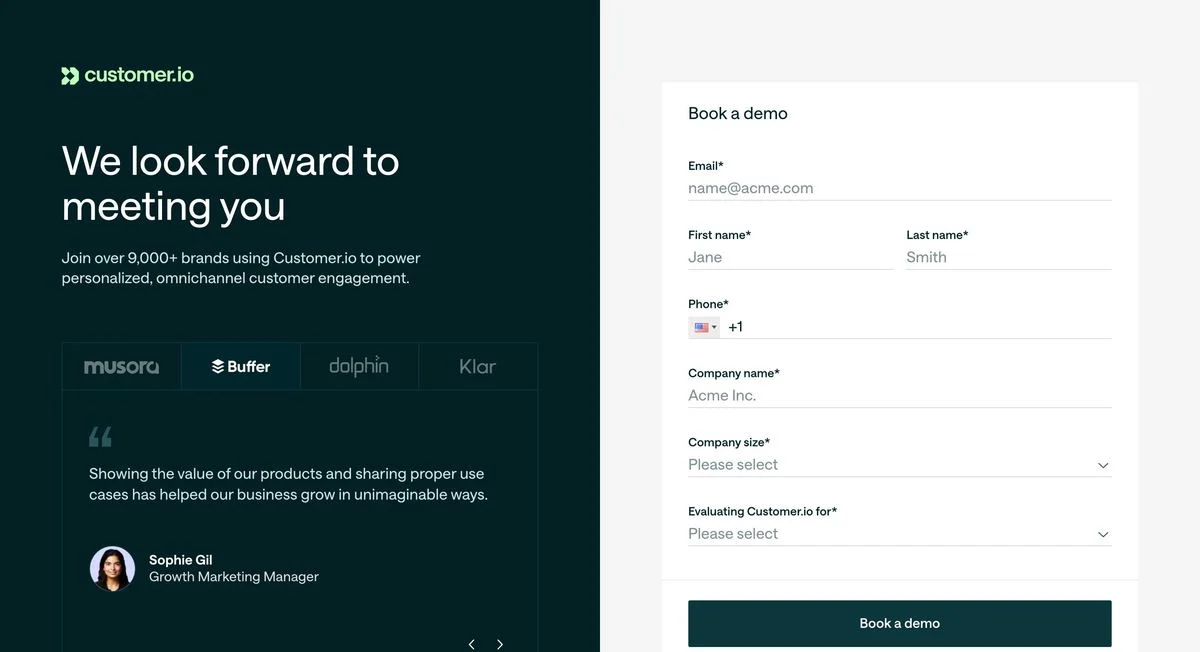 Customer.io demo landing page