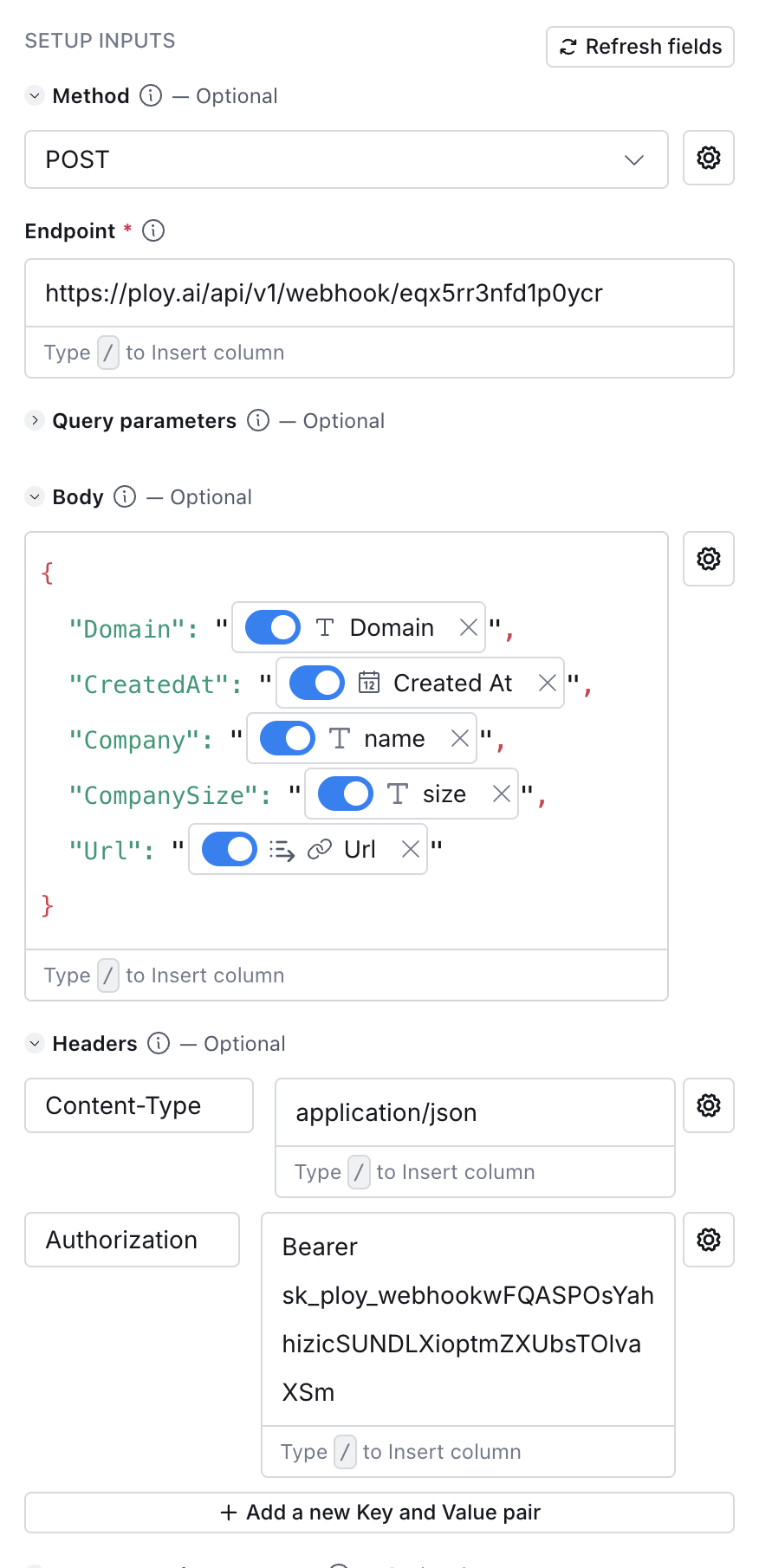 Clay HTTP API action configured to POST enriched account data to a Ploy webhook endpoint, with Method set to POST, the Ploy ingest URL in Endpoint, a JSON Body referencing Clay columns, and an Authorization Bearer header.