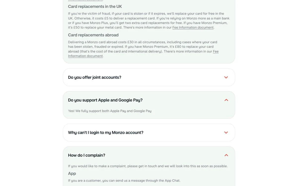 Monzo FAQ page