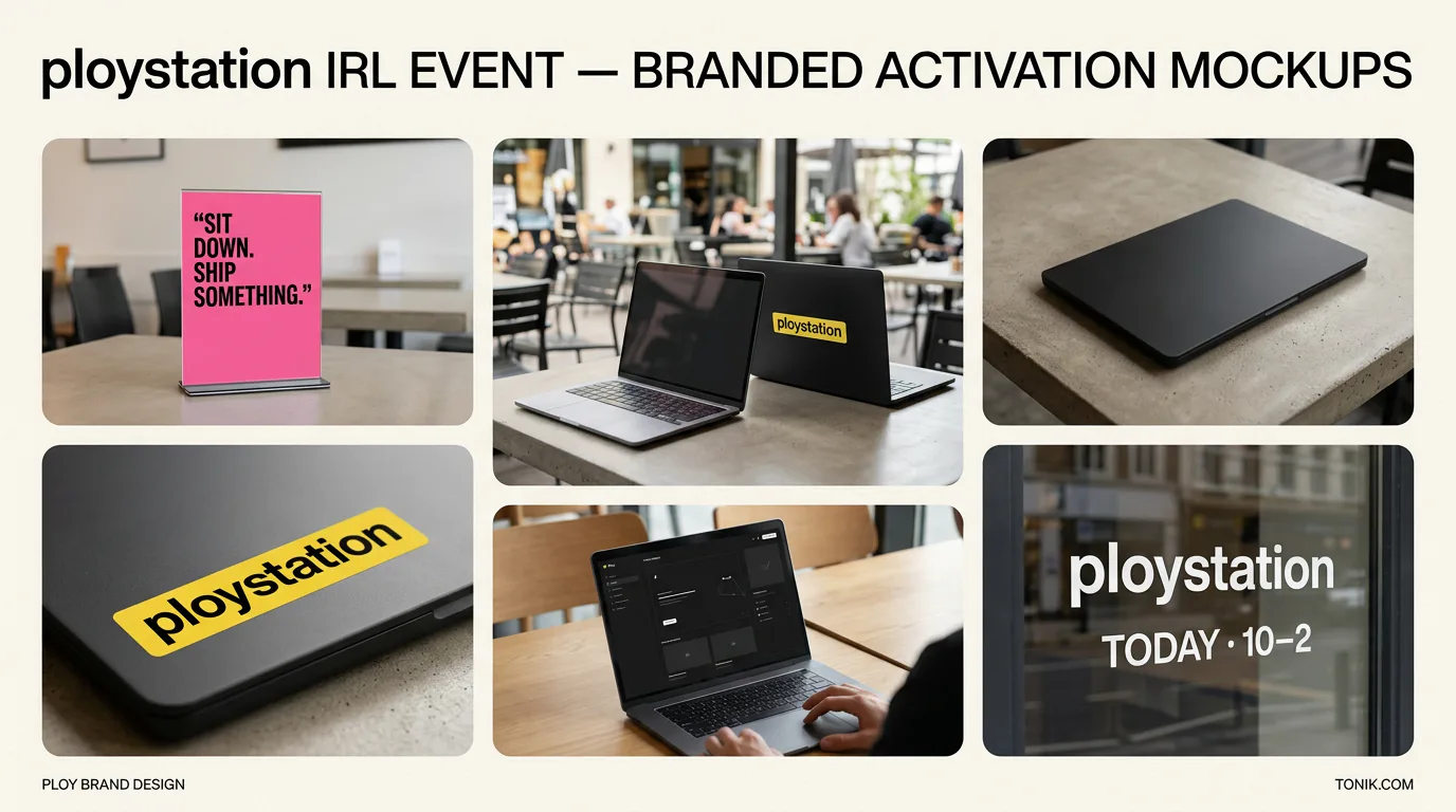 Ploystation café activation mockups featuring a table sign, four laptop applications, and a window decal.