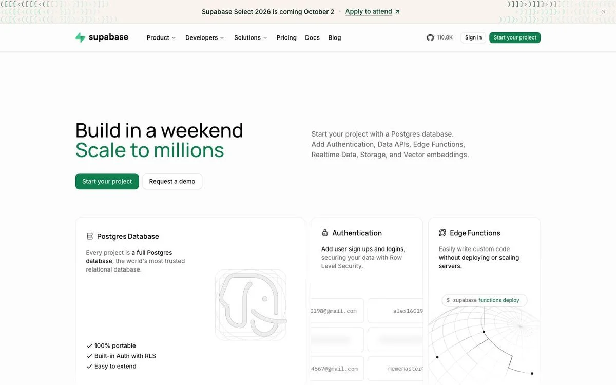 Supabase homepage layout