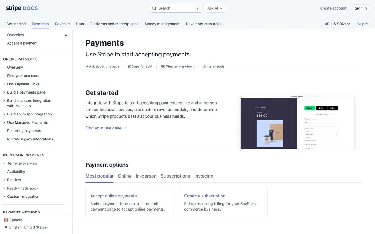 Stripe docs layout