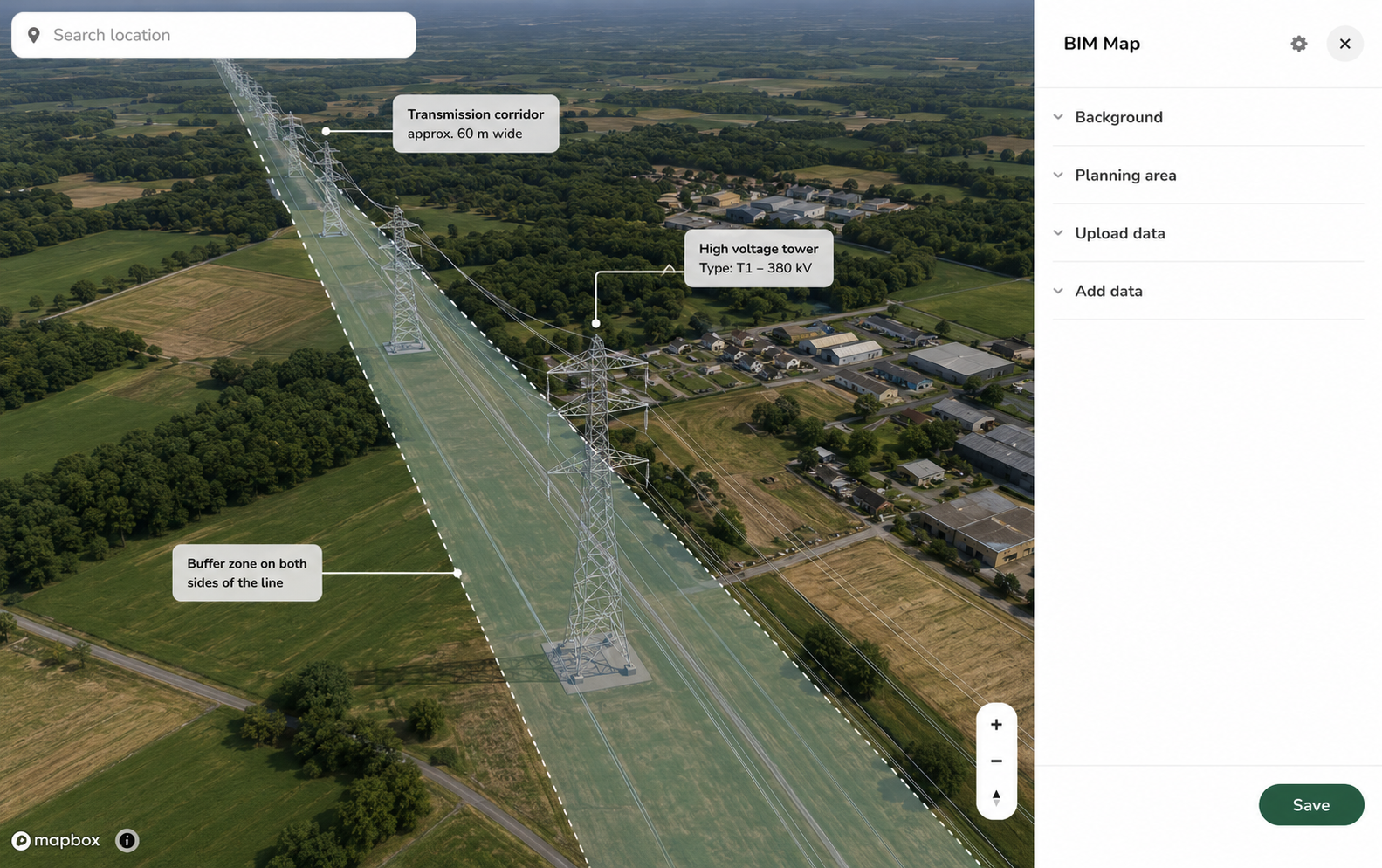 Senf BIM-Map-Editor – ein 3D-Modell eines Stromtrassen-Korridors mit Bearbeitungspanel für Hintergrund, Planungsbereich und Datenupload