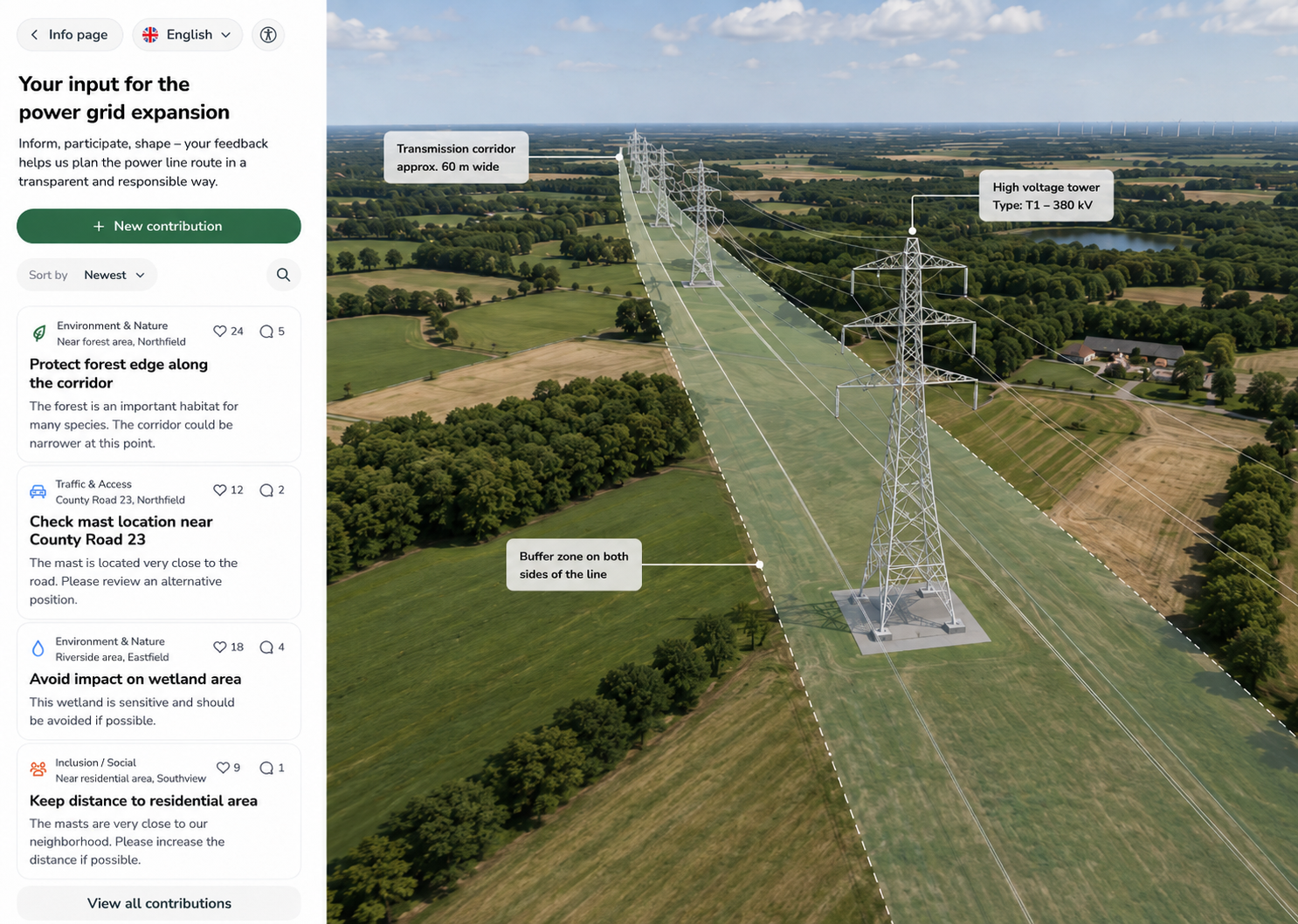 Senf-Dialogkarte mit annotiertem 3D-Modell und einer Liste verorteter Anwohnerbeiträge zu einem Stromnetz-Ausbauprojekt
