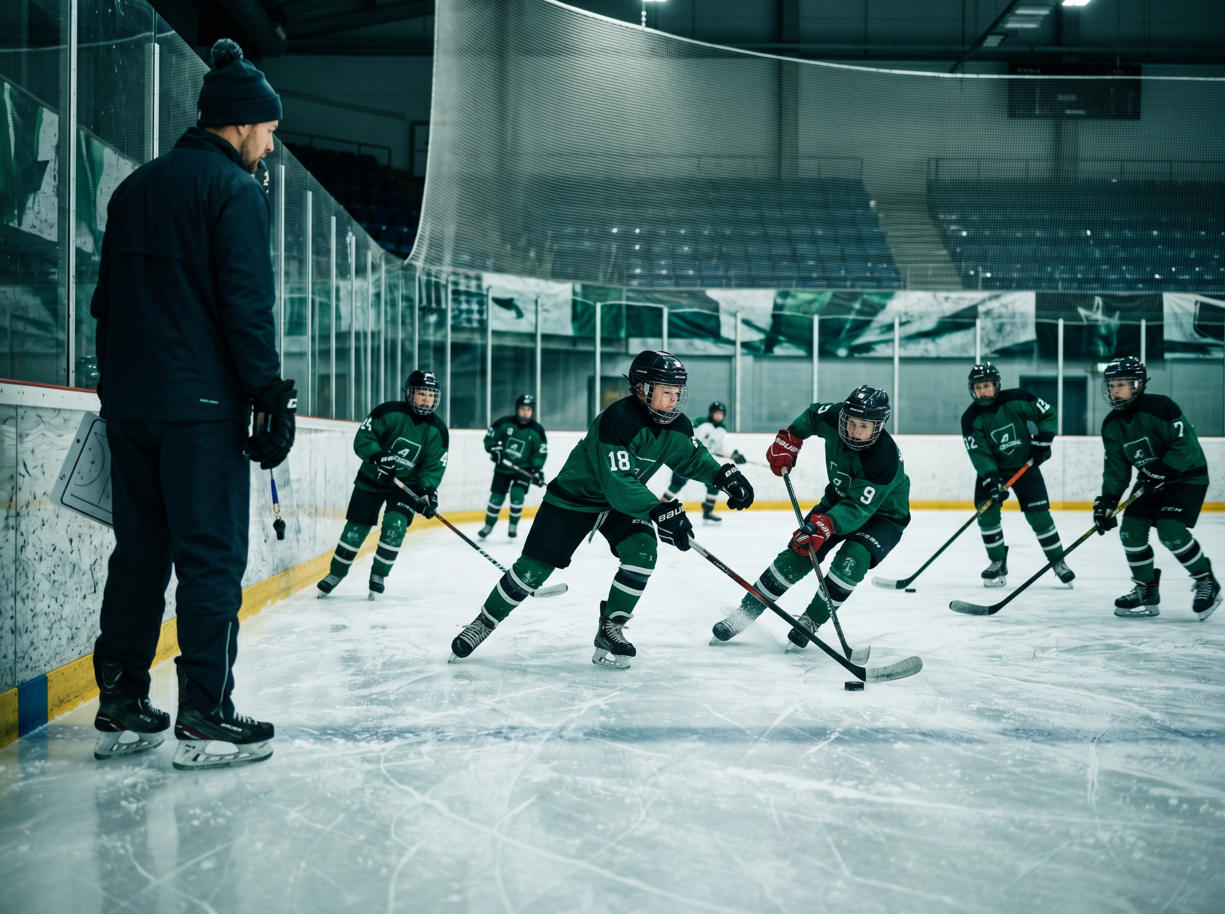 Youth hockey team practicing on the ice while their coach observes