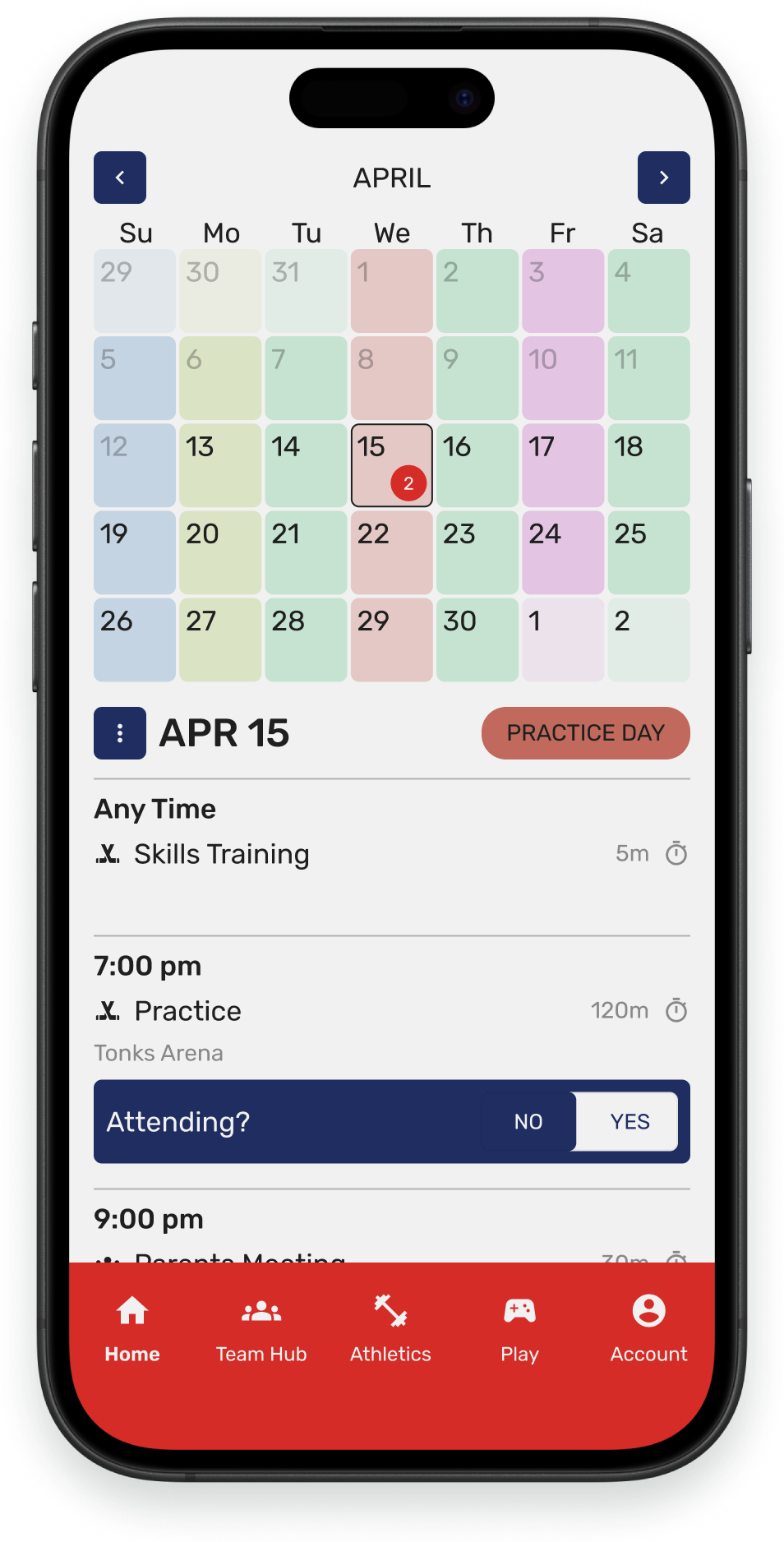 HeyCoach app calendar showing practices, skills training, meetings, and attendance