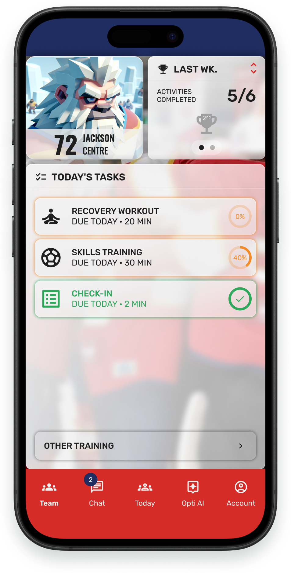 HeyCoach athlete app showing recovery, skills training and a daily check-in