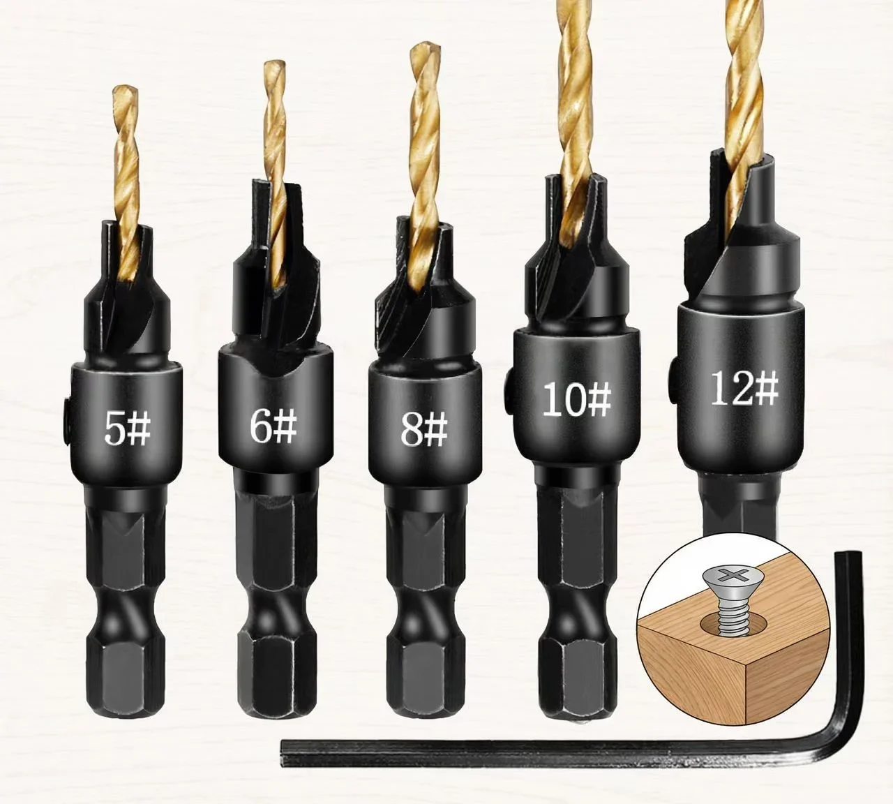 Five black hex-shank countersink bits with titanium pilot drills and a hex key