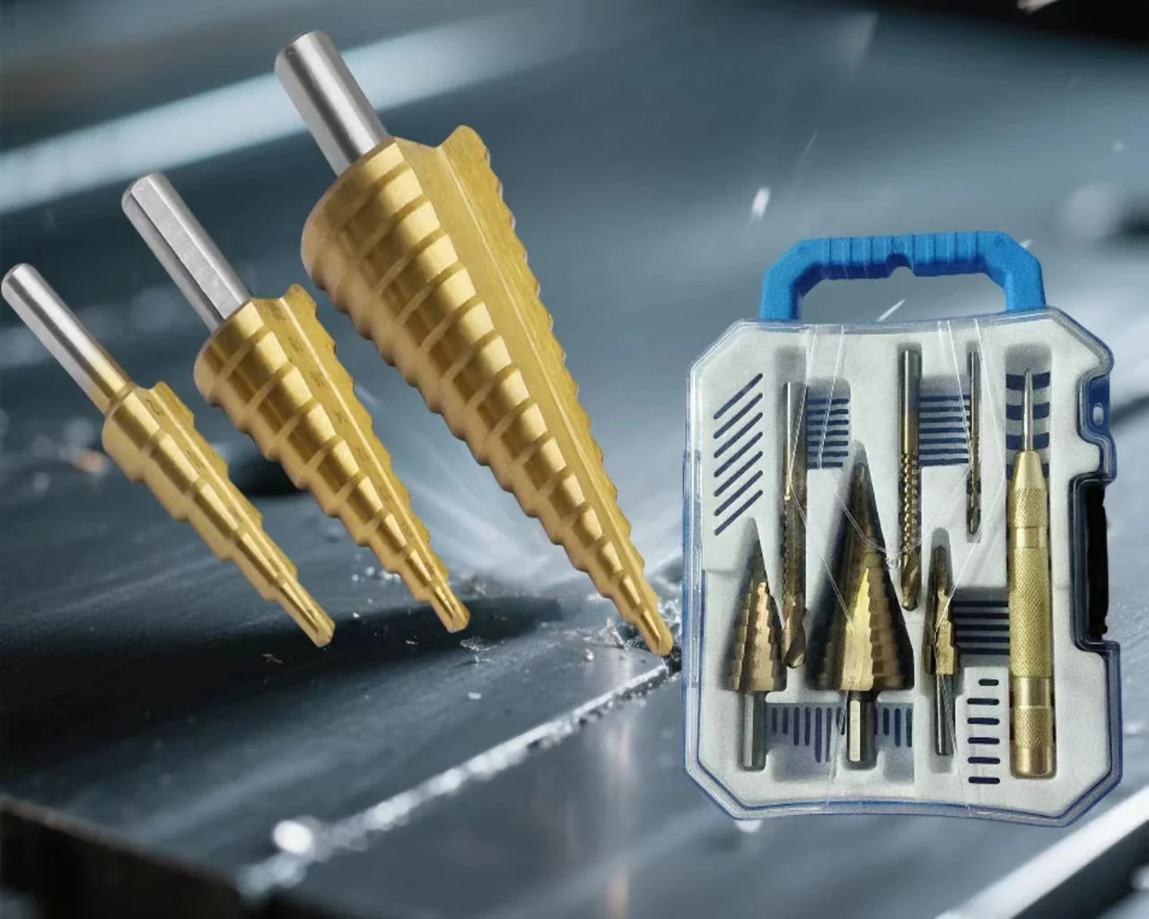 A step drill kit in a blue-handled plastic case beside three step drills on sheet steel