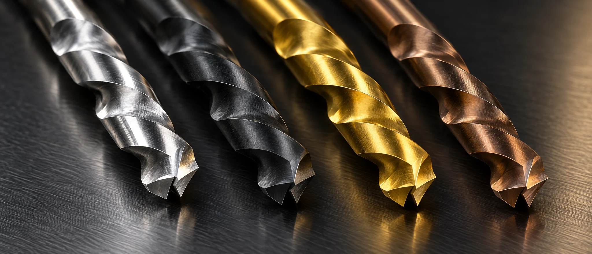 Four HSS twist drill bits side by side: bright uncoated, black oxide, gold titanium nitride and bronze cobalt