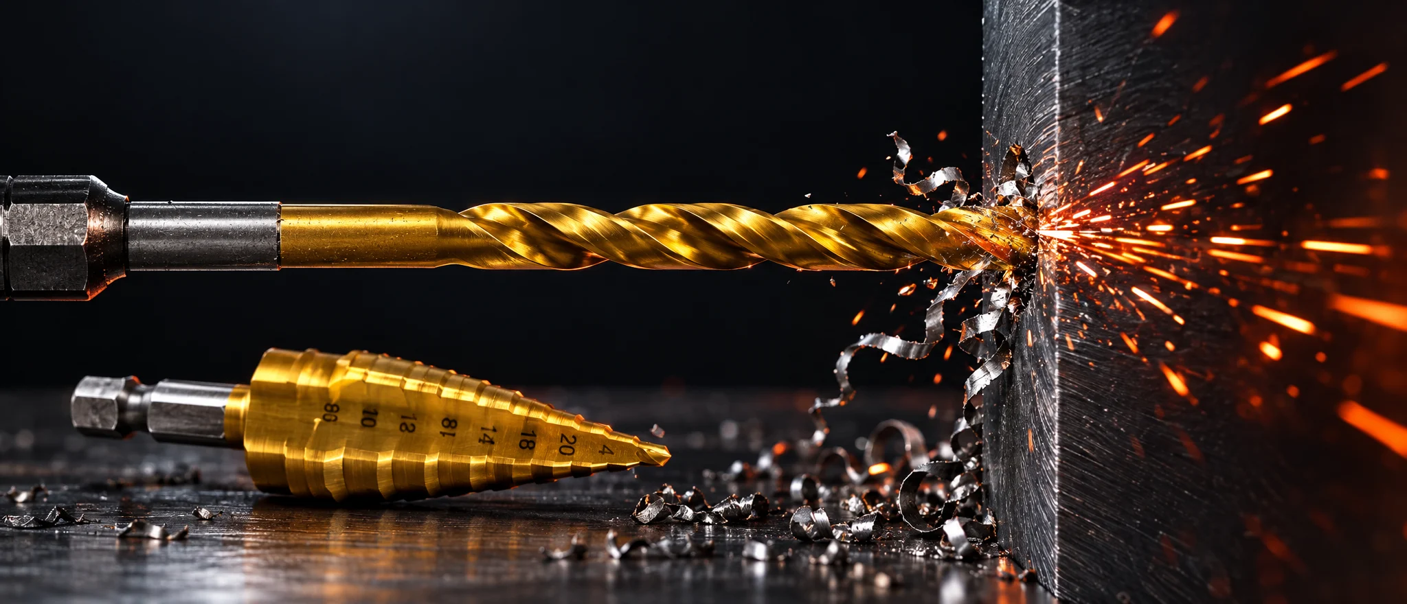 A titanium-coated HSS twist drill boring through a steel plate with sparks, a step drill resting beside it