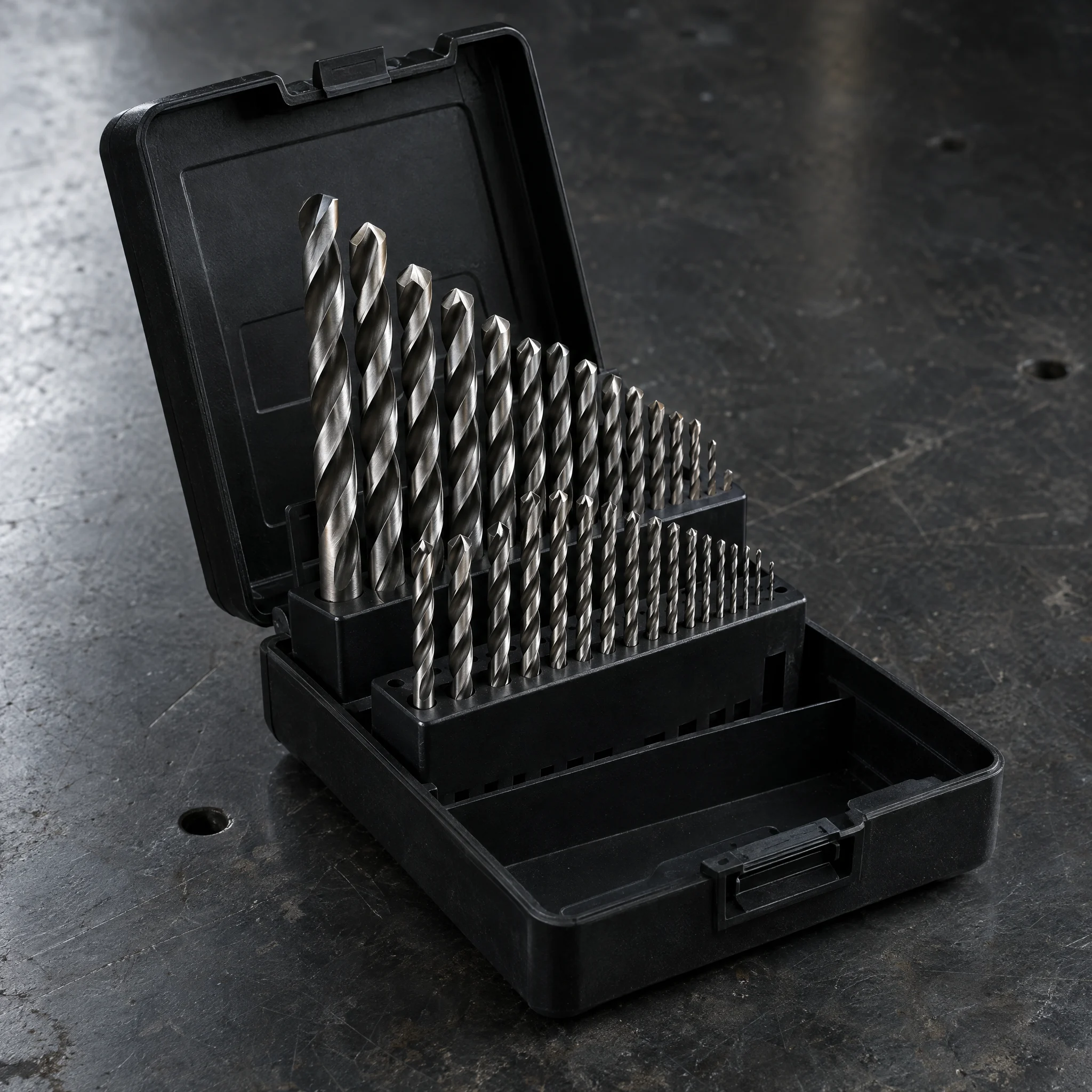 A metal drill bit set in an open case