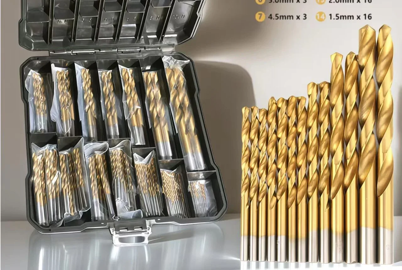A 99-piece titanium HSS twist drill set in a grey compartment case