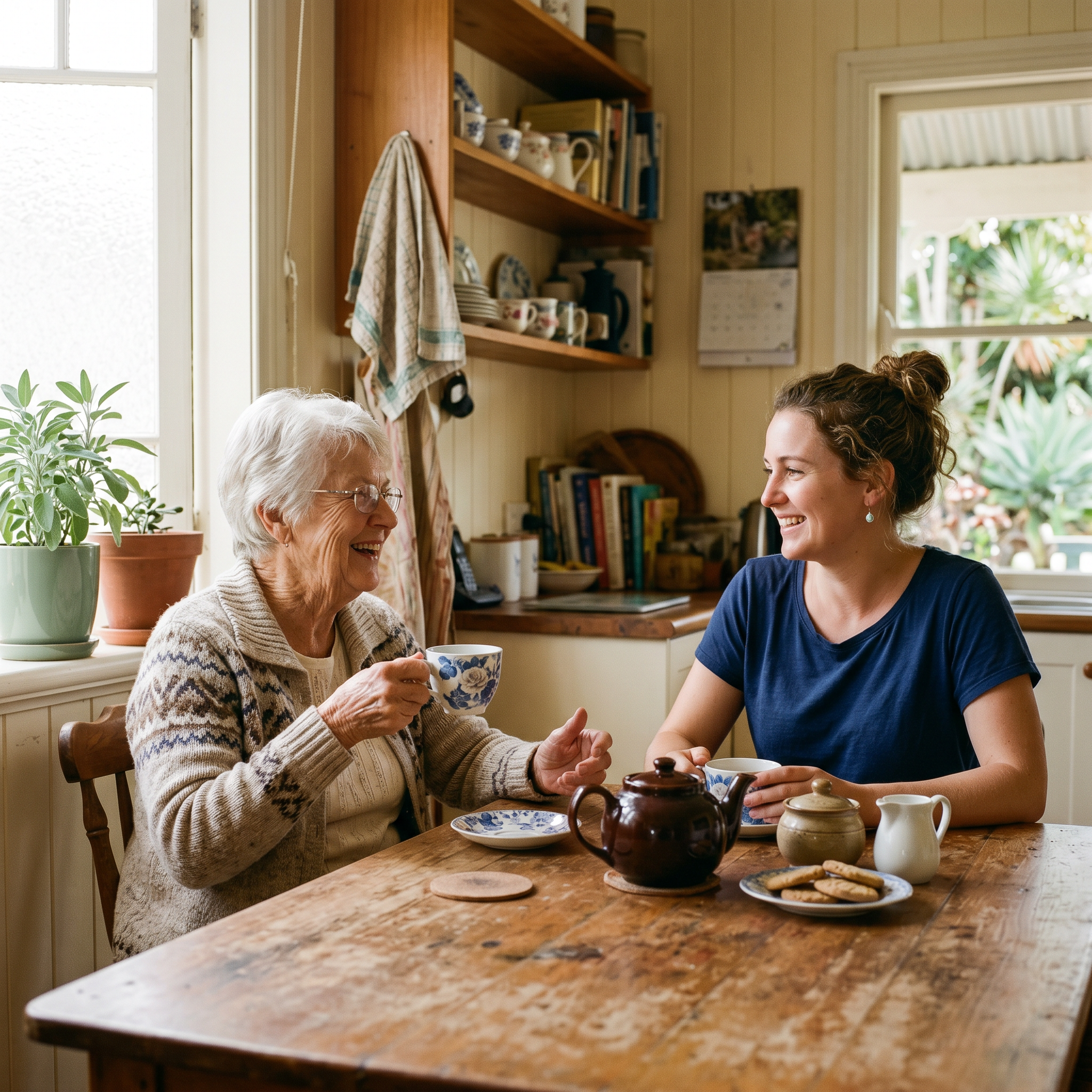 An older woman and a younger care worker sharing a pot of tea at a sunlit kitchen table.