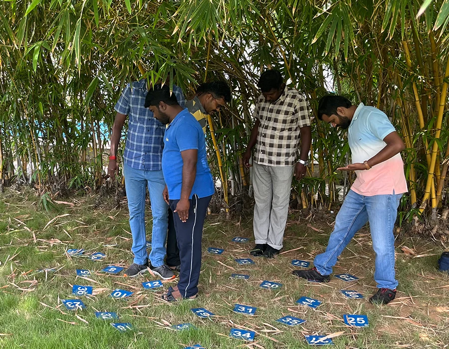 Team members study numbered tiles on the grass while solving an outdoor challenge