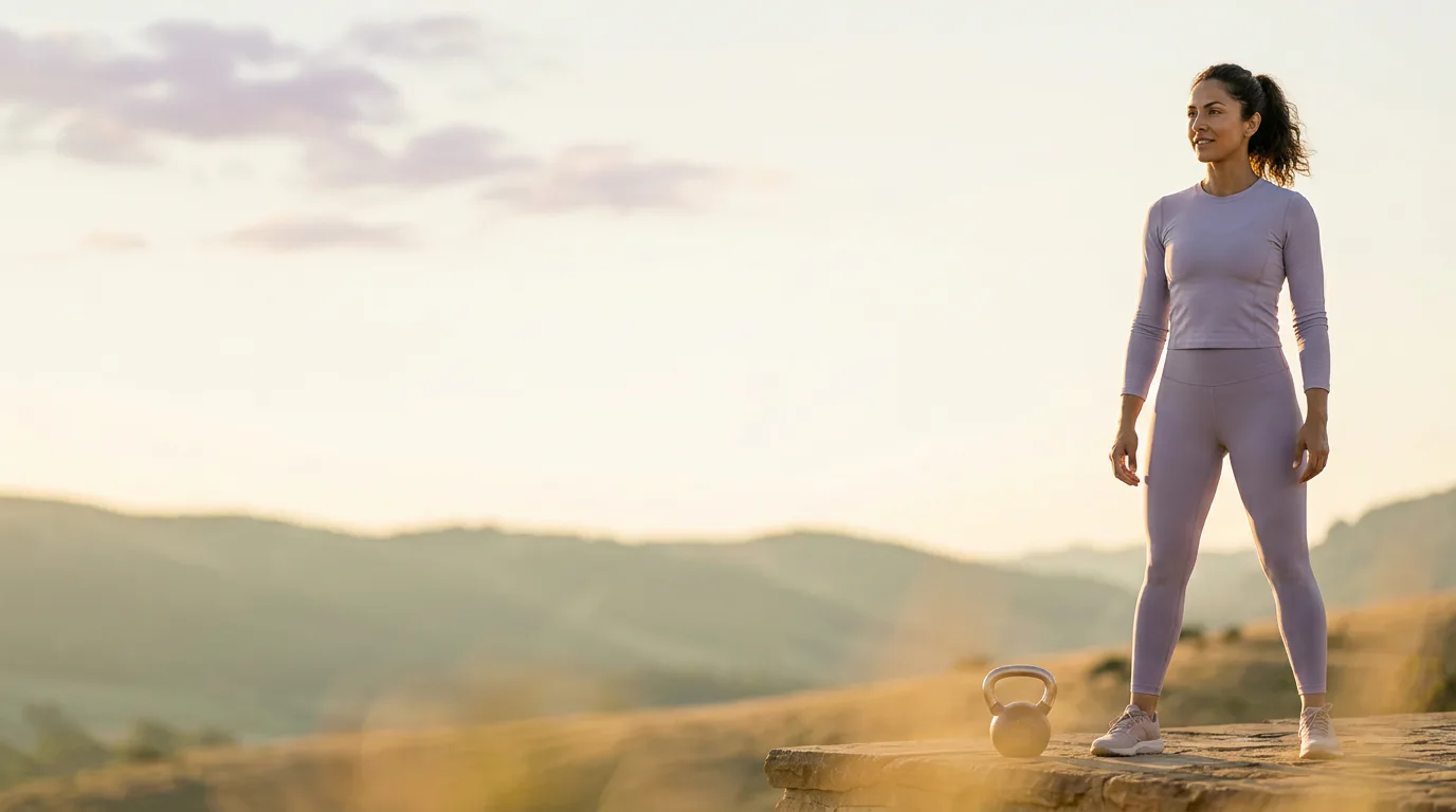 A confident Indian-American woman standing outdoors after strength training