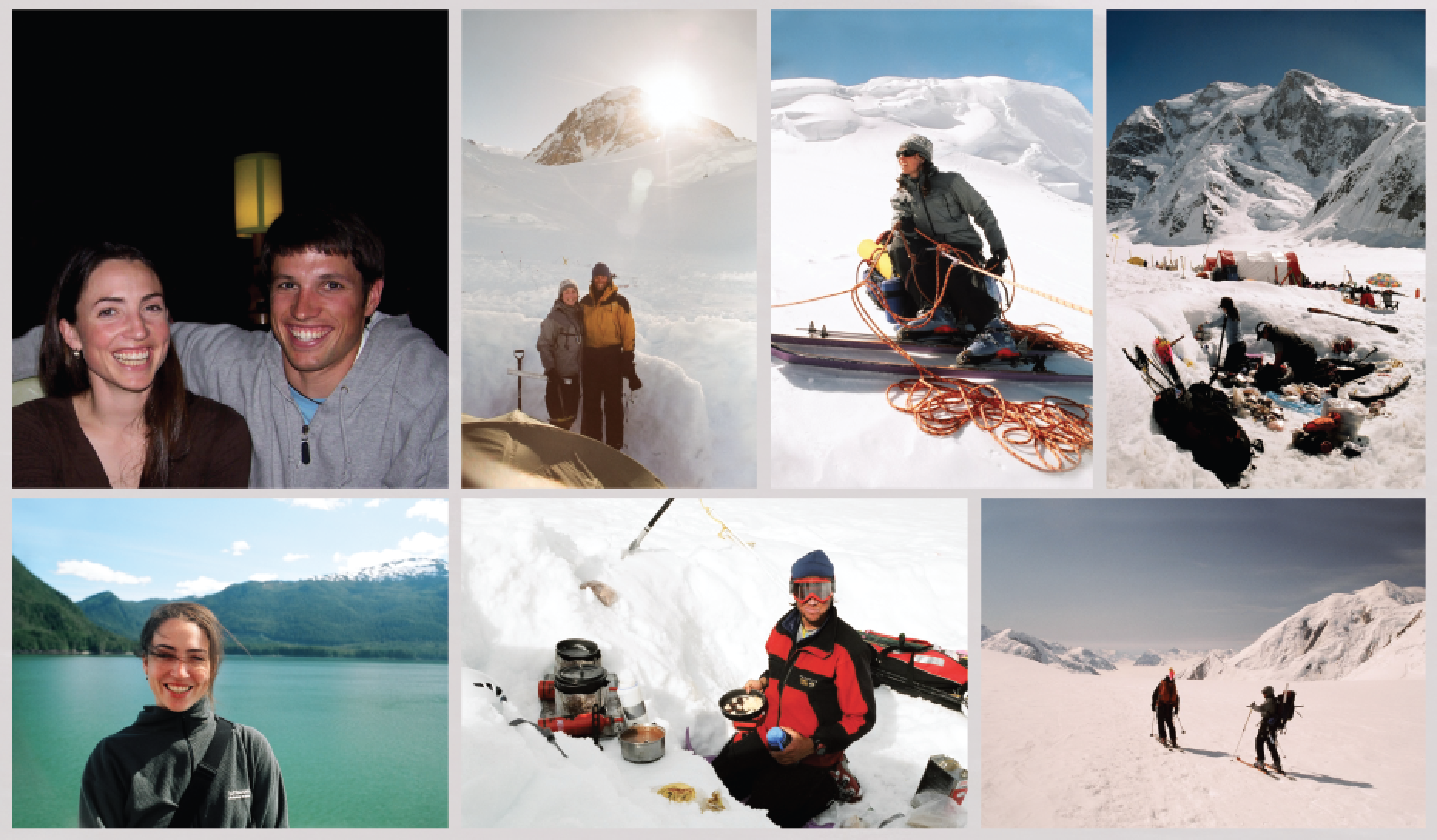 Photos of Kees and Claire — together at a dinner, climbing peaks, on glaciers, at basecamp, by an alpine lake, ski-touring.