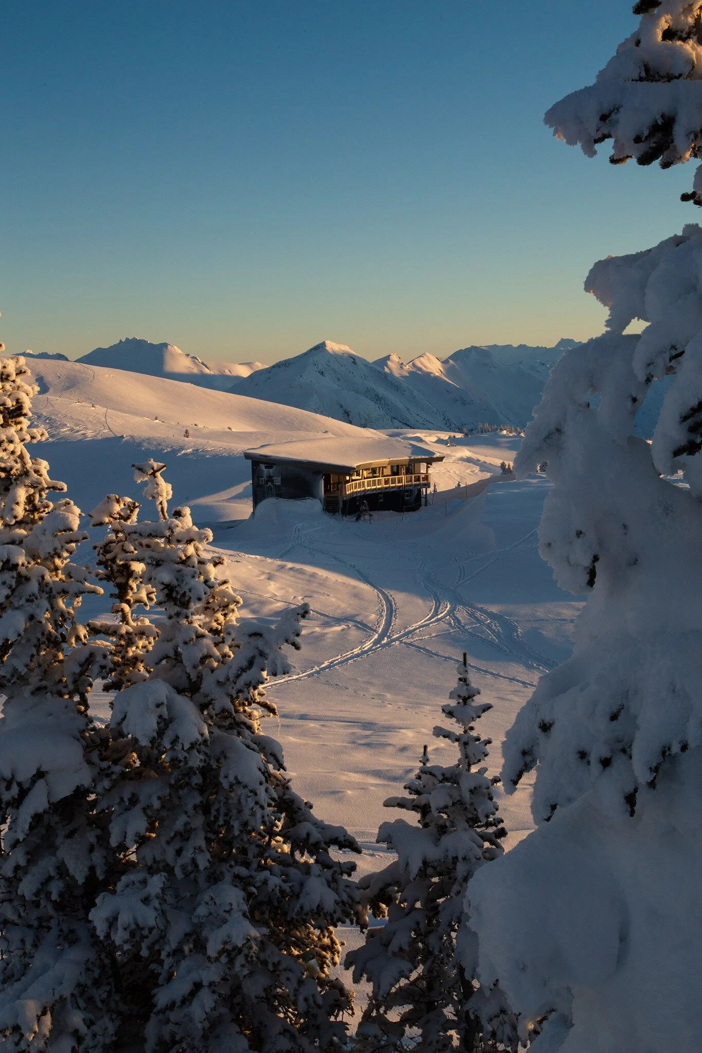 The Kees and Claire Memorial Hut at Russet Lake at golden hour — fresh snow, ski tracks leading up to the hut, the Coast Mountains beyond.
