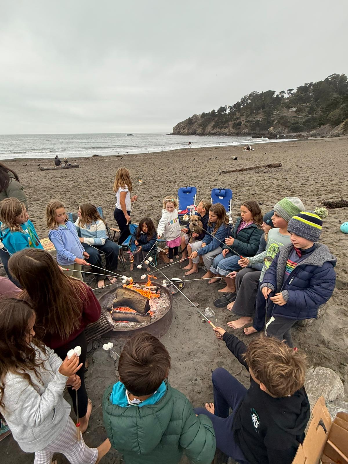 A circle of kids and a dog roasting marshmallows around a fire pit on Muir Beach, overcast sky and the Pacific behind them.