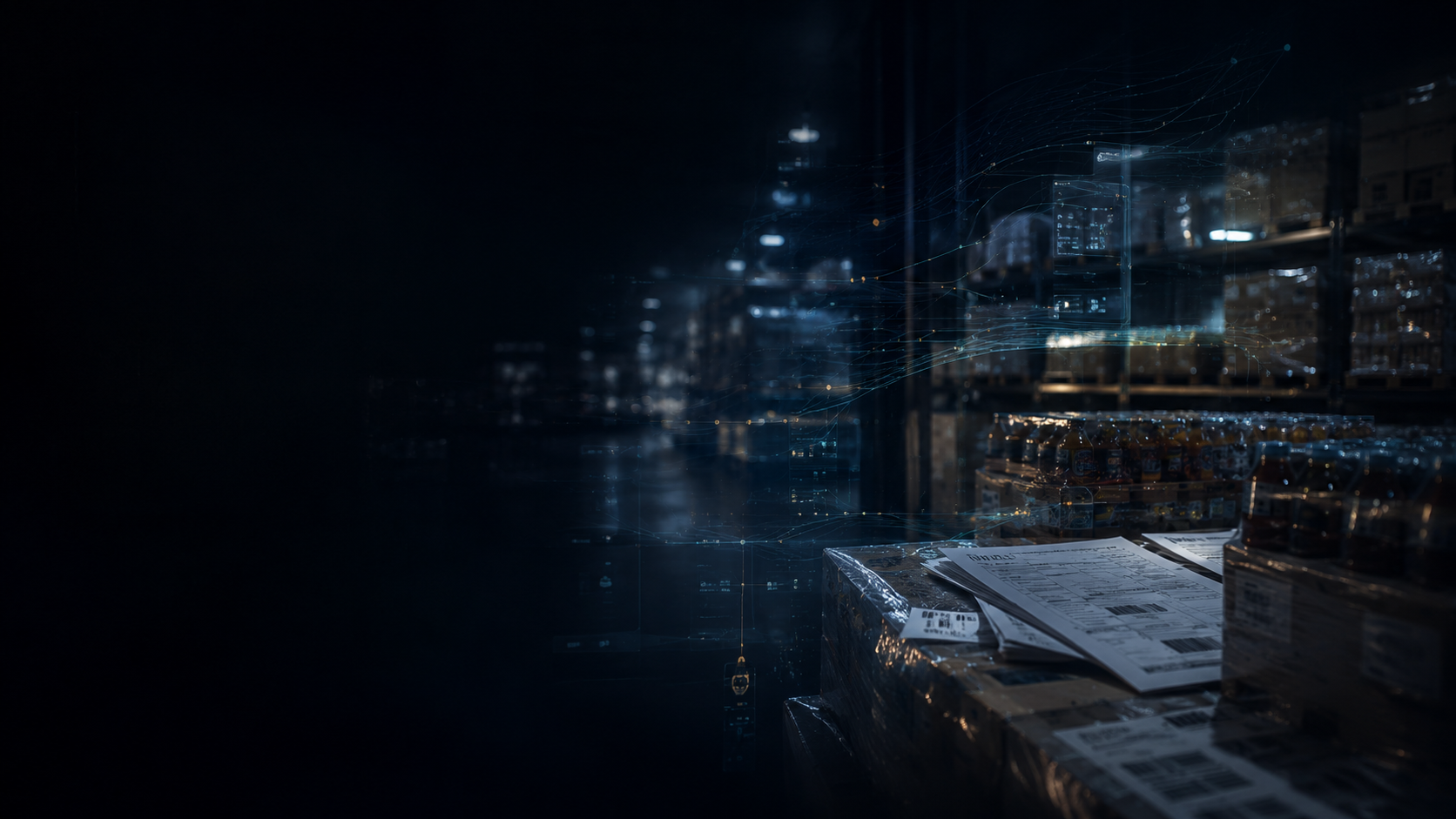 Dark warehouse with a data-network overlay tracing pallets and cases