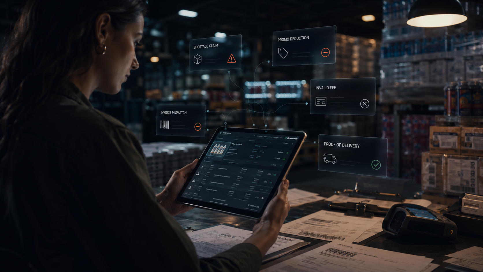 Analyst reviewing flagged deduction line items on a tablet