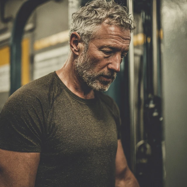 Silver-haired man focused in the gym