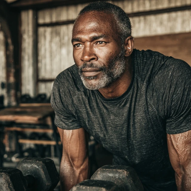 Man focused mid-workout with dumbbells