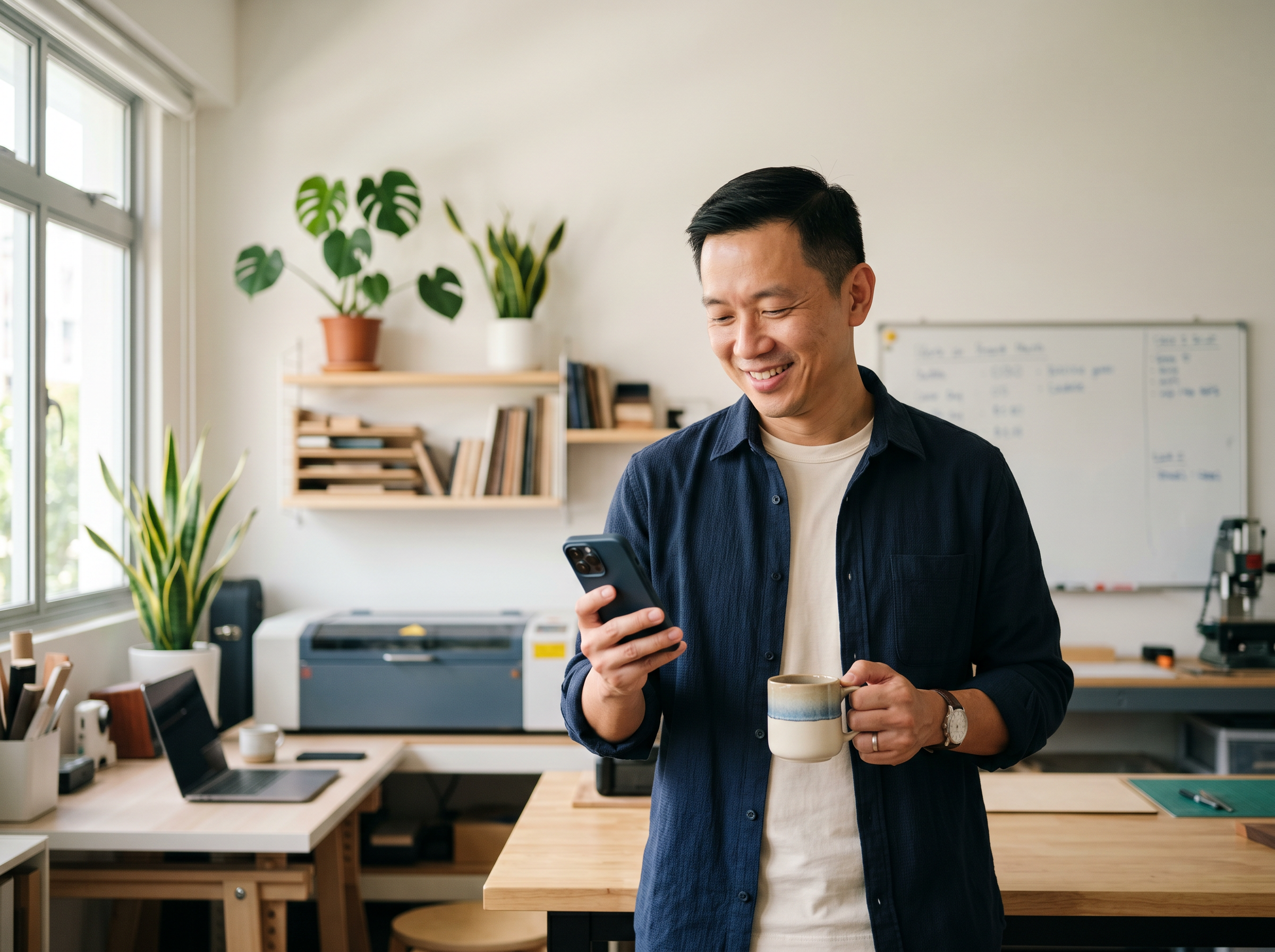 A calm Singapore small-business owner checking their phone in their workshop, with overdue-invoice chasing handled for them
