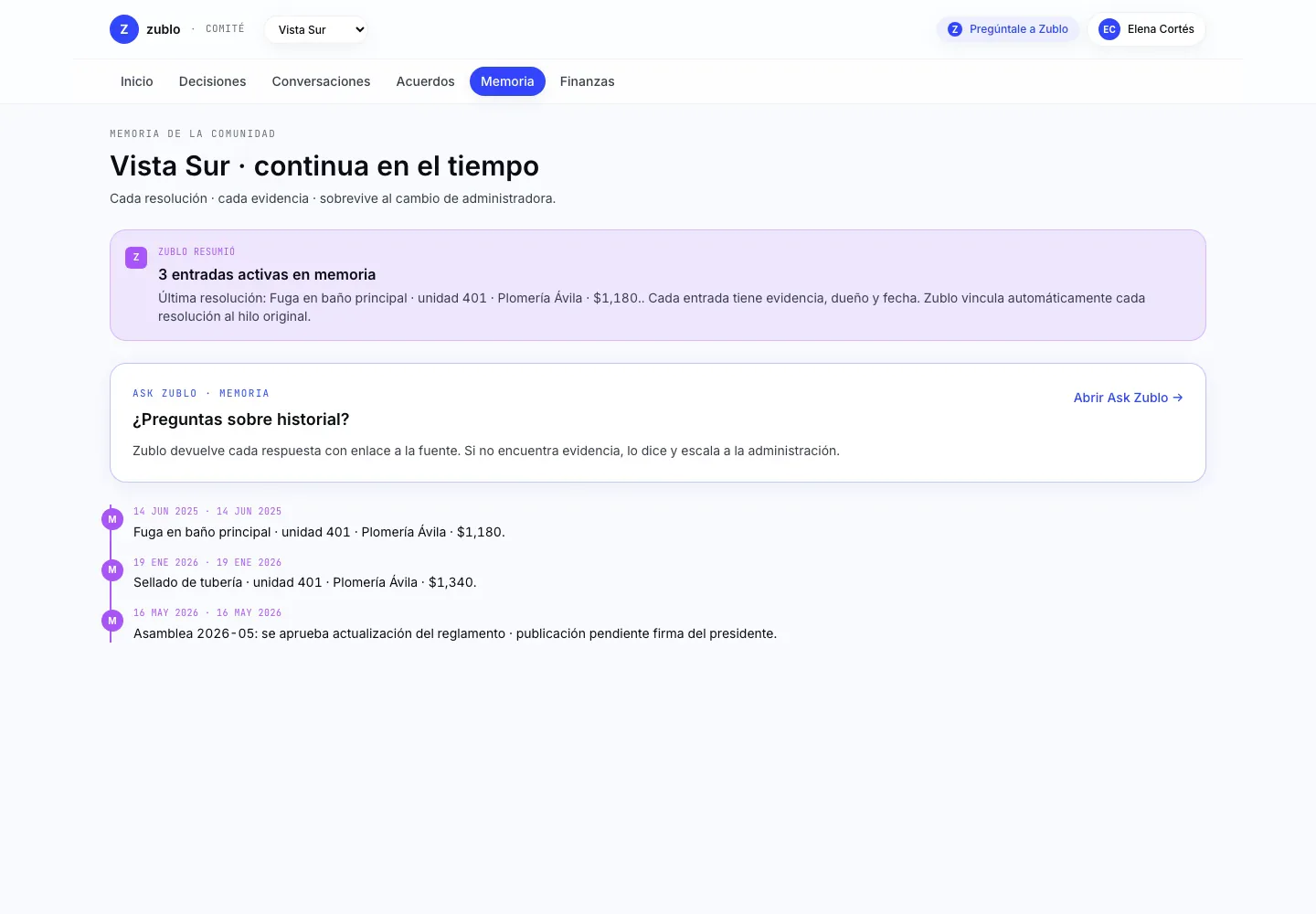 Memoria de la comunidad en Zublo: reglamento, acuerdos y resoluciones históricas disponibles con contexto y evidencia.