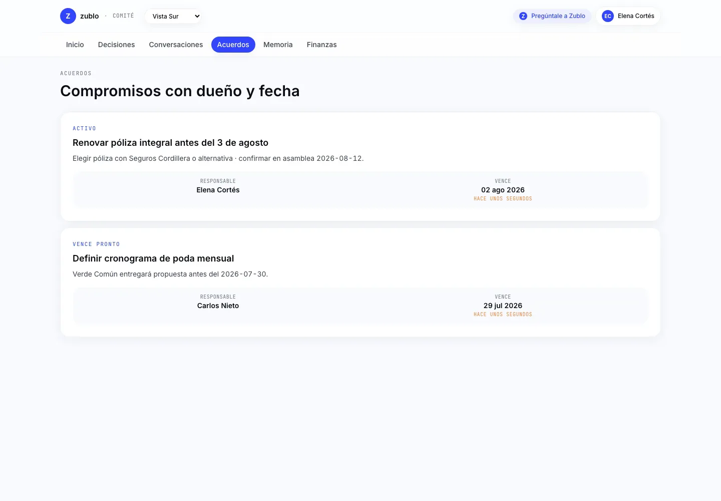 Vista del comité en Zublo con acuerdos activos, dueño, fecha límite y seguimiento de evidencia.