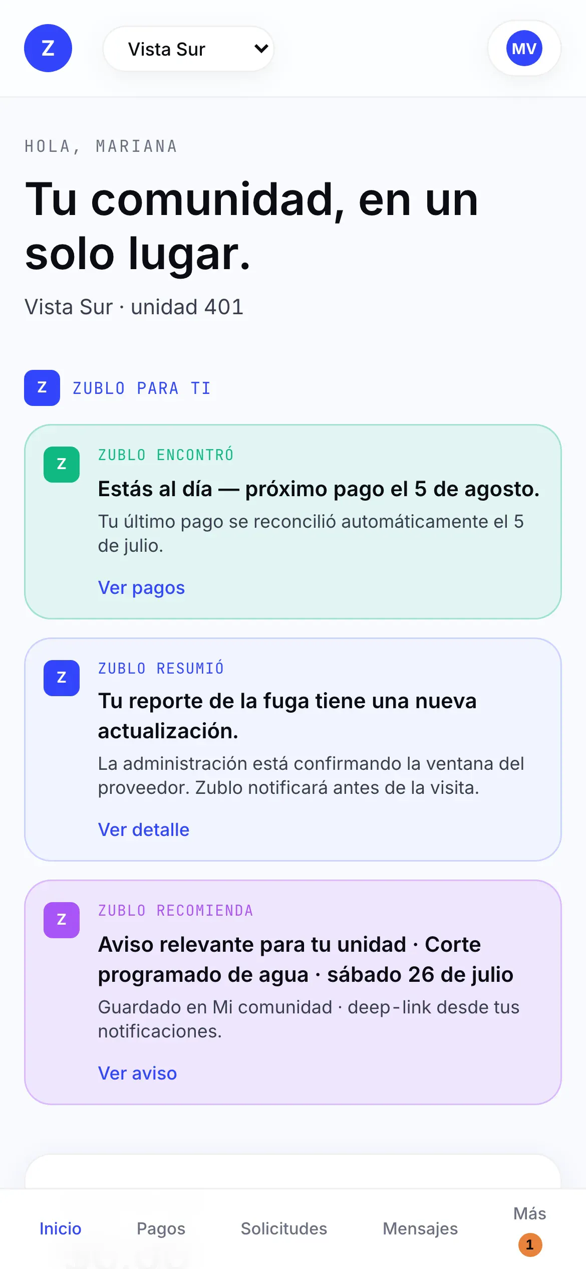 App de Zublo en el teléfono de la residenta Mariana mostrando saldo al día, actualización del reporte de fuga y aviso relevante para su unidad.
