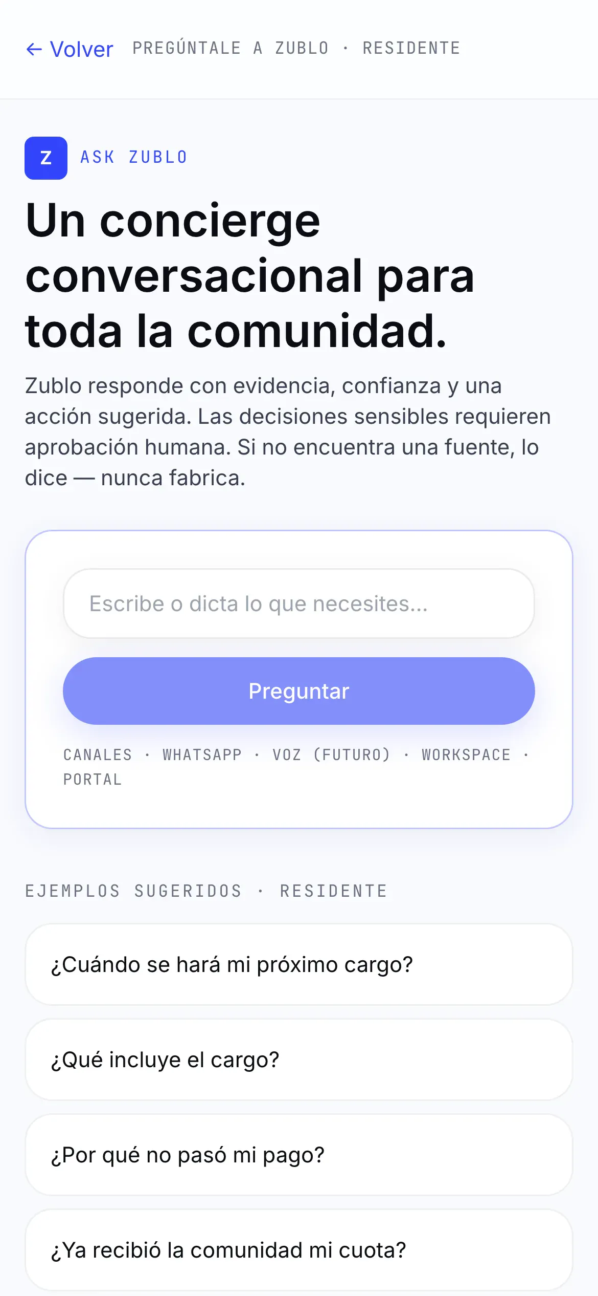 Ask Zublo desde el teléfono del residente: interfaz por voz y texto con ejemplos sugeridos y respuesta que requiere aprobación humana en decisiones sensibles.