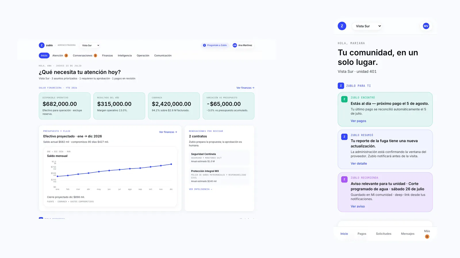 Composición Separated Ecosystem de Zublo: espacio de administración con las prioridades del día del comité y las mismas actualizaciones en la app del residente. Un mismo sistema, dos experiencias.