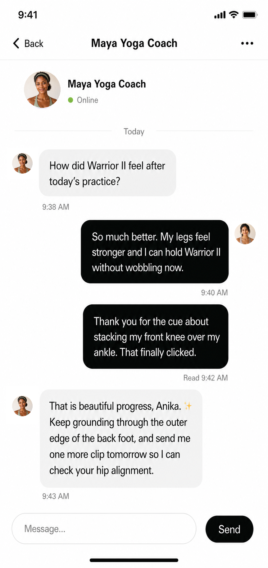 Direct message thread with Maya, a Leela yoga coach, celebrating progress and giving form cues