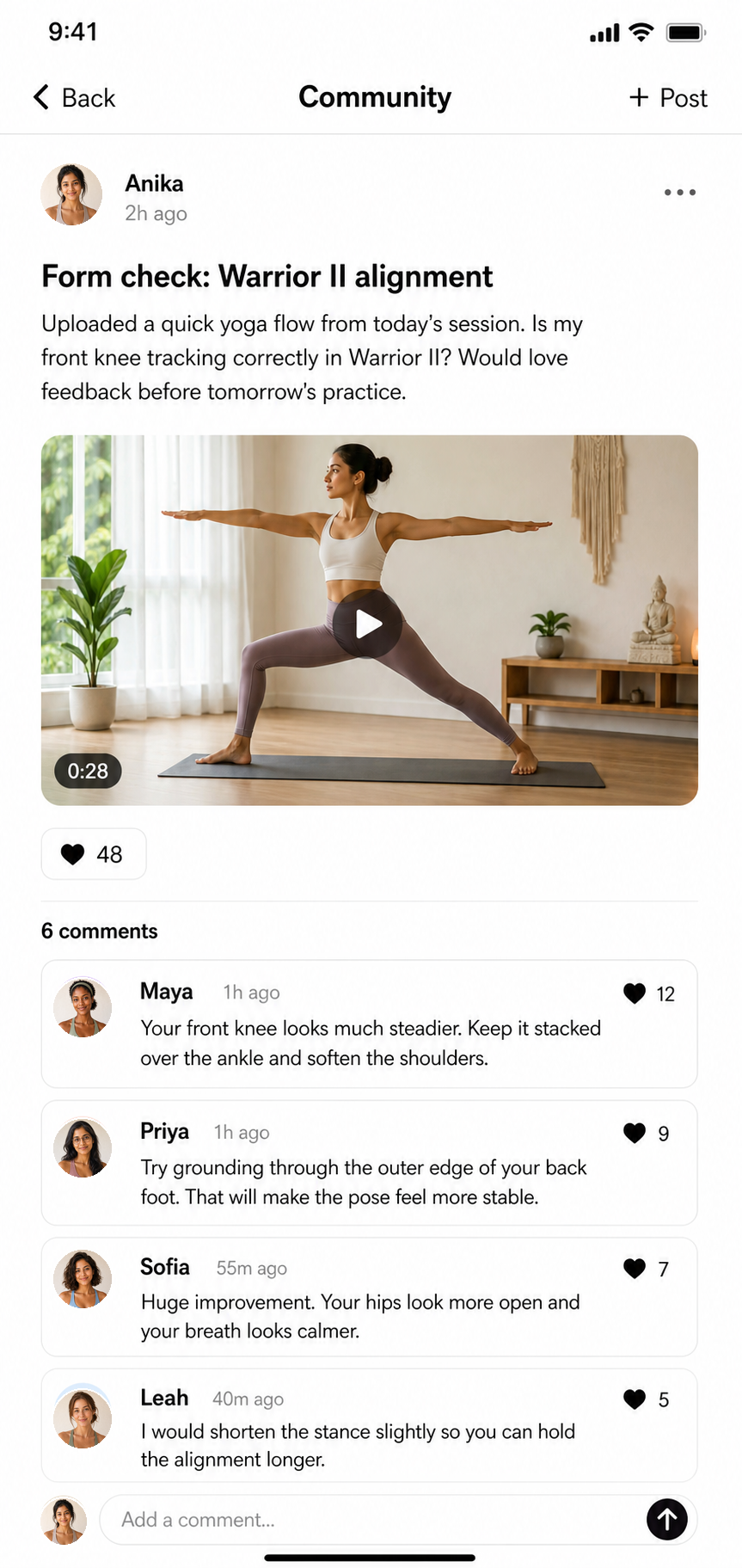 Leela community feed: a member posts a Warrior II form-check video and other women leave supportive feedback