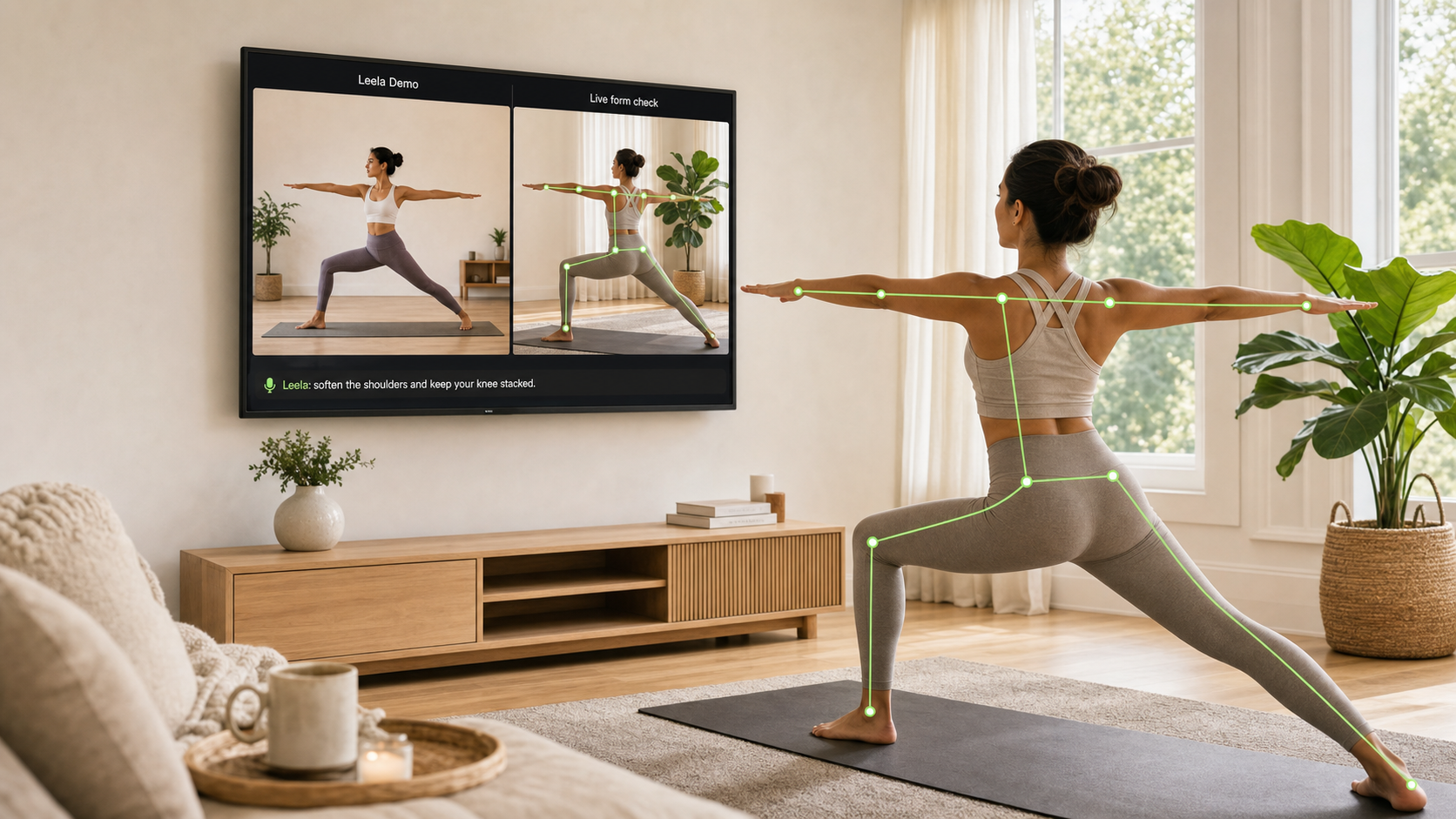 A woman practicing with Leela on her living room TV, phone propped on the mat as the camera, in soft morning light