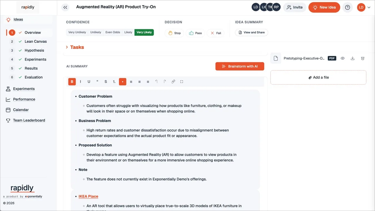 Rapidly idea detail view with AI summary, confidence and back / pass / fail decision controls.