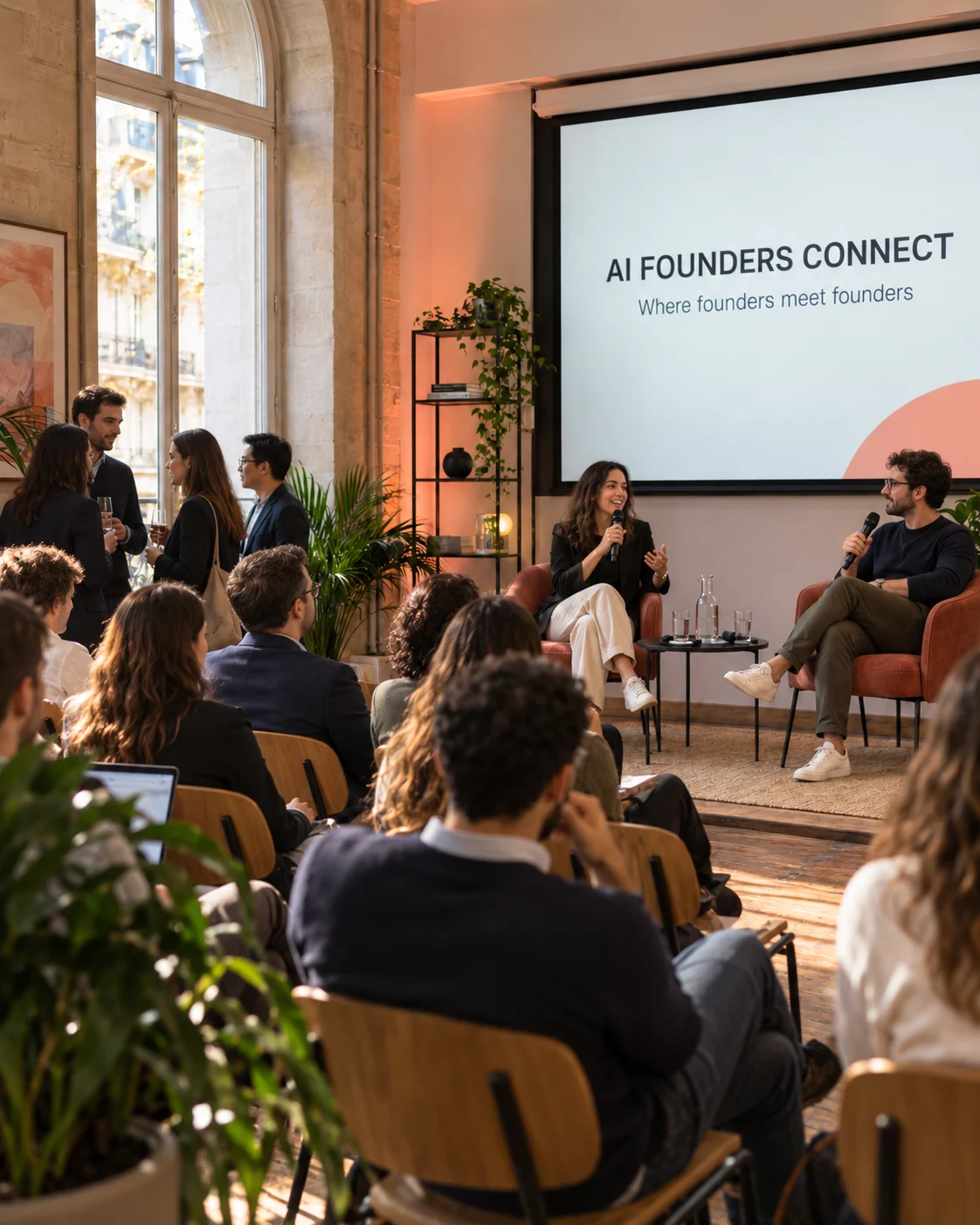 AI-generated representative founder event in a Paris-style setting with fictional attendees and speakers. Not a photograph of this edition or its actual venue or roster.