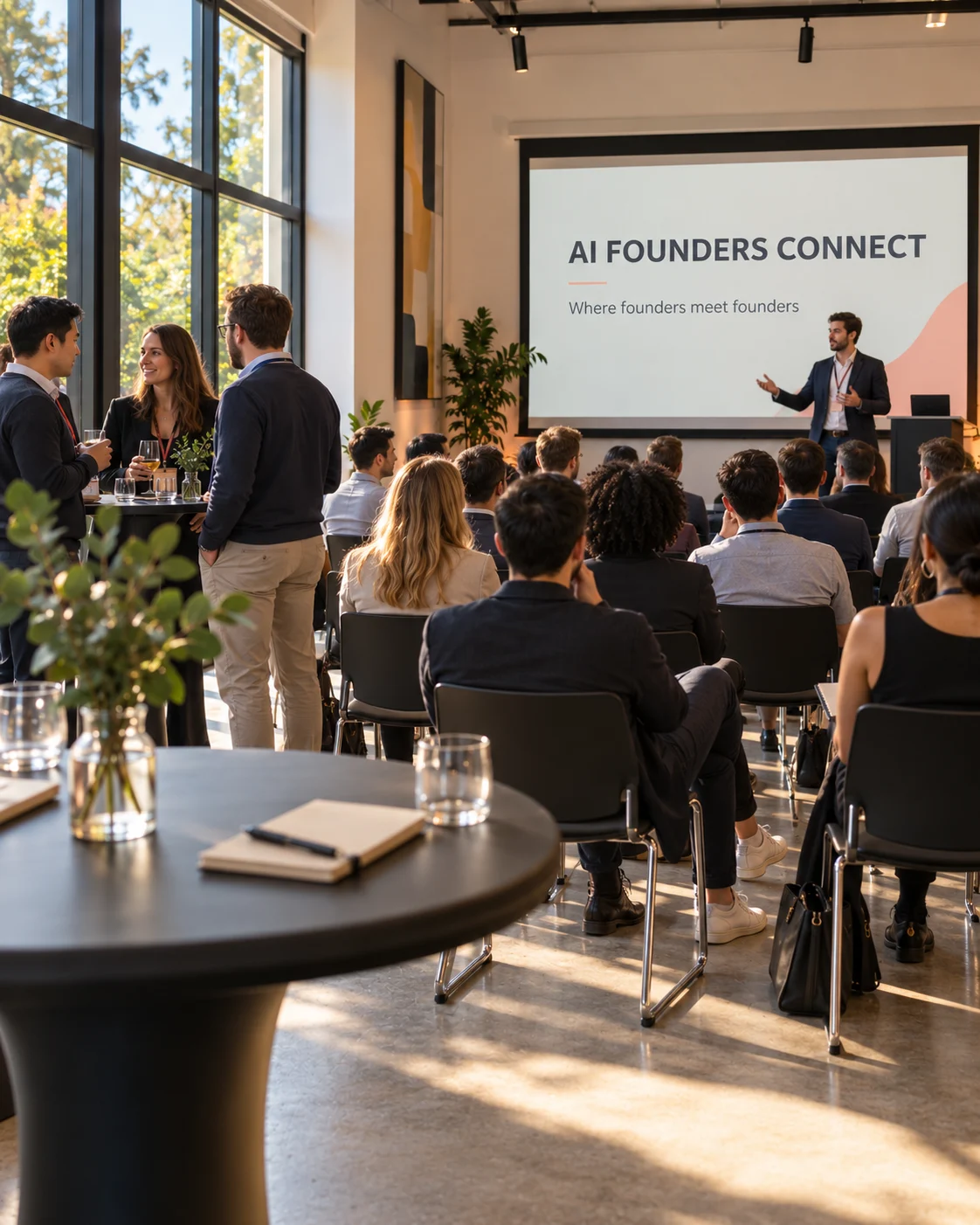 AI-generated representative Silicon Valley founder event with fictional attendees and a presenter. Not a photograph of this edition or its actual venue or roster.