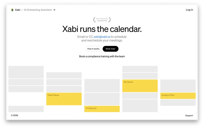 Xabi AI scheduling assistant website on white with yellow calendar meeting blocks