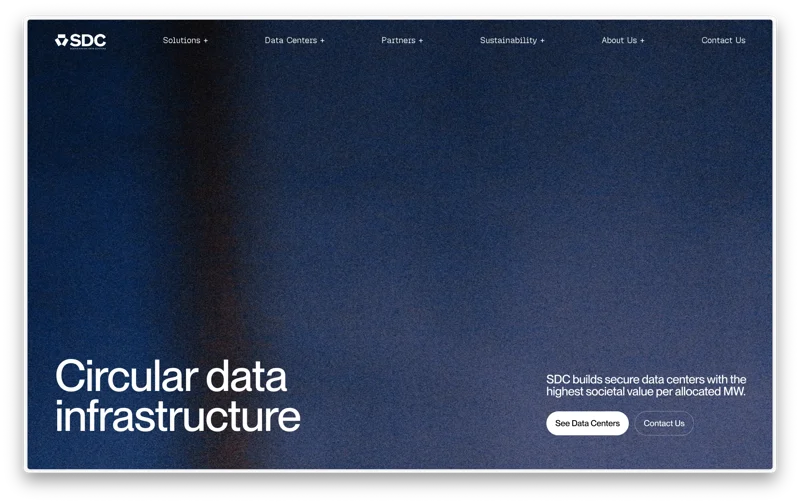 Scandinavian Data Centers website hero with circular data infrastructure messaging over a dark blue textured background