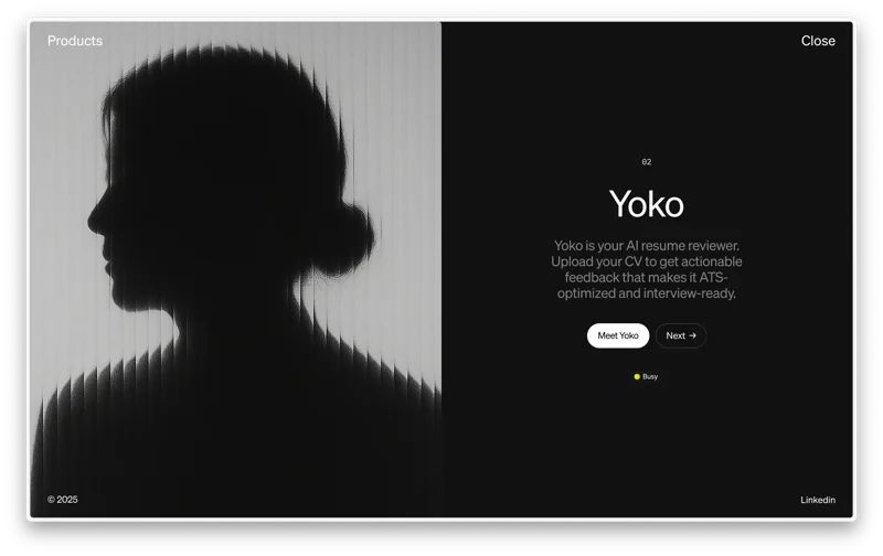 Yoko product panel with a blurred monochrome portrait and resume reviewer description