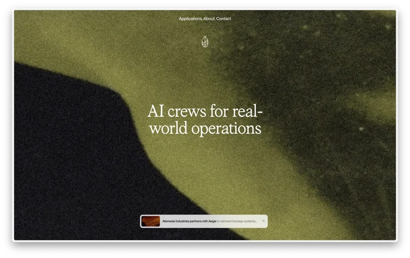 Alameda website with an olive green and black textured background and AI crews for real-world operations headline