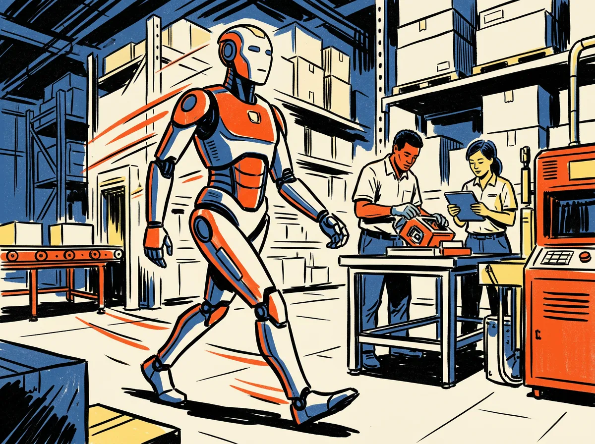 Illustrated humanoid robot moving through a warehouse with people nearby